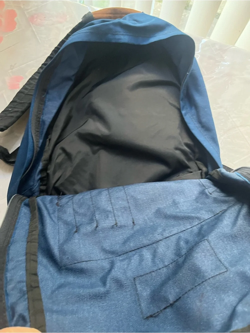 Urban Outfitters Blue and Brown Canvas Backpack with Black Mesh Pocket